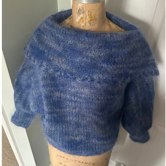 Vintage Mohair Wool Sweater blue collared Bohemian fuzzy warm bat wing sleeve - Picture 4 of 16